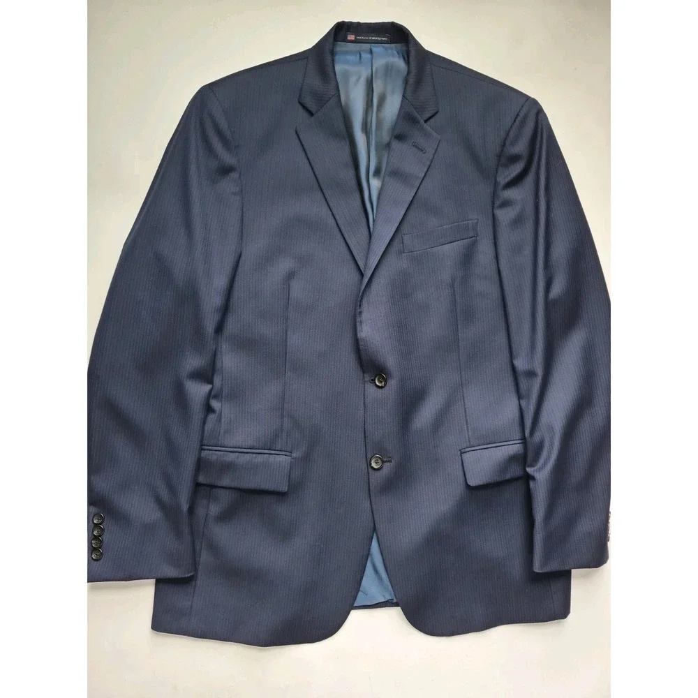 Hart Schaffner Marx Mens Wool Sport Coat 44L Blue Striped 2 Button USA D606
